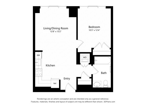 Floor plan for 1 bed, 1 bath, 628 sqft